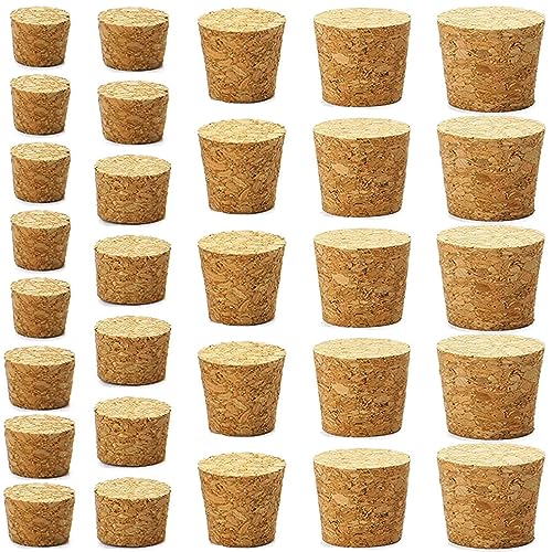 30Pcs Cork Stoppers, Wooden Tapered Wine Bottle Stoppers Replacement Corks, Wooden Tapered Cork Plugs for Wine Beer Bottle Crafts, 6 Sizes