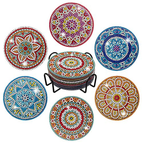 Temlum 6 Pcs Diamond Painting Coasters with Holder, Mandala Diamond Art Coasters Kits for Beginners, Adults, Kids Small Diamond Painting Kit Art Temlum
