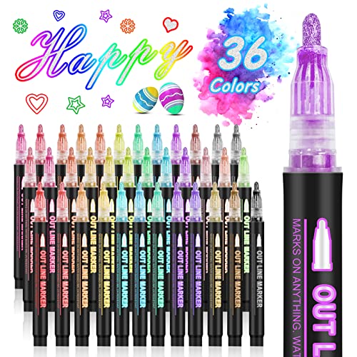 Double Line Outline Markers, 36 Colors Super Squiggles Shimmer Outline Marker Pen Set, Self Outline Metallic Markers Glitter Writing Drawing Pens for Hoxida