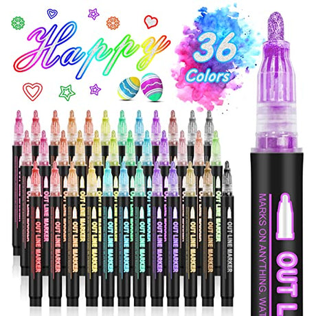 Double Line Outline Markers, 36 Colors Super Squiggles Shimmer Outline Marker Pen Set, Self Outline Metallic Markers Glitter Writing Drawing Pens for Hoxida