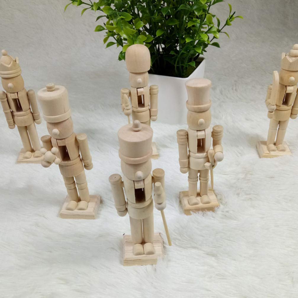 Amosfun 6pcs Christmas Nutcracker Figurine Unfinished Wooden Peg People Doll Desktop Figure Ornaments for Xmas Party DIY Painting Craft Art Peg Game