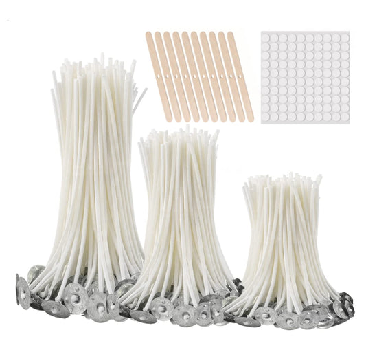 Buluker300Pcs Functional Smokeless Candle Wicks,100pcs Wicks Sticker, Pre-Waxed Cotton Core Wicks with Metal Sustainer Tabs for Pillar Candle Making - WoodArtSupply