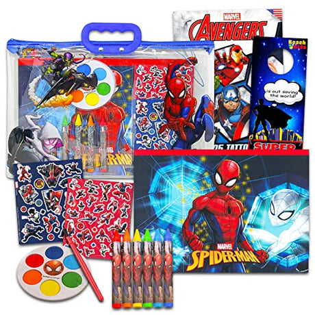 Spiderman Stationery Set for Boys - 3 Pc Bundle with Spiderman Art Set in Bag, Temporary Tattoos, and More | Spiderman Art Kit Tote Bag with Spider-Man