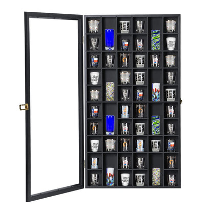 Shot Glass Display Case Large Wooden Cabinet Rack Holder Wall Mounted Black Shadow Box Lockable with UV Protection Acrylic Glass Door Shot Glass - WoodArtSupply