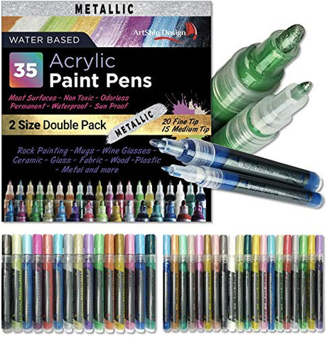 ArtShip Design 35 Metallic Acrylic Paint Pens, Double Pack of Both Extra Fine and Medium Tip Paint Markers, for Rock Painting, Mug, Ceramic, Glass, ArtShip Design