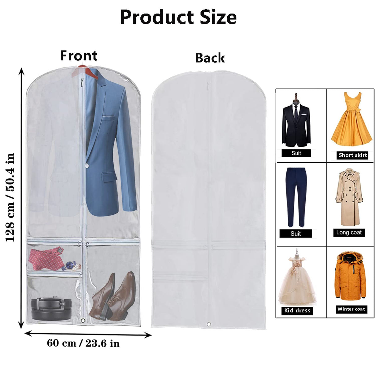 WJWSKI Clear Garment Bags for Hanging Clothes,50 Inch Waterproof Garment Bag for Travel,Clothing Cover Storage Bags with 3 Pockets for WJWSKI