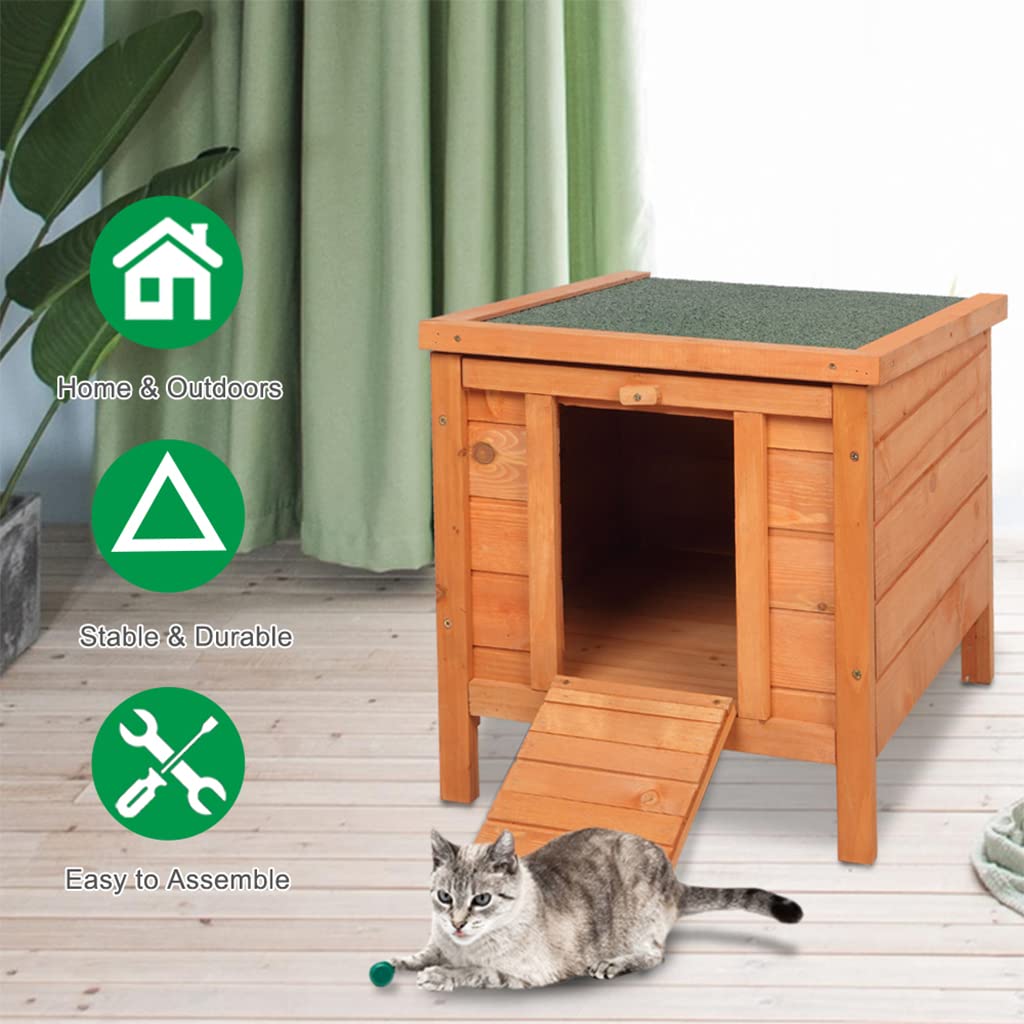 Cat House Outside, Weatherproof Wooden Bunny Rabbit Cat Hutch Outdoor Pet Cage Shelter Feral Cat House, Small Pet House and Habitats AMZOSS