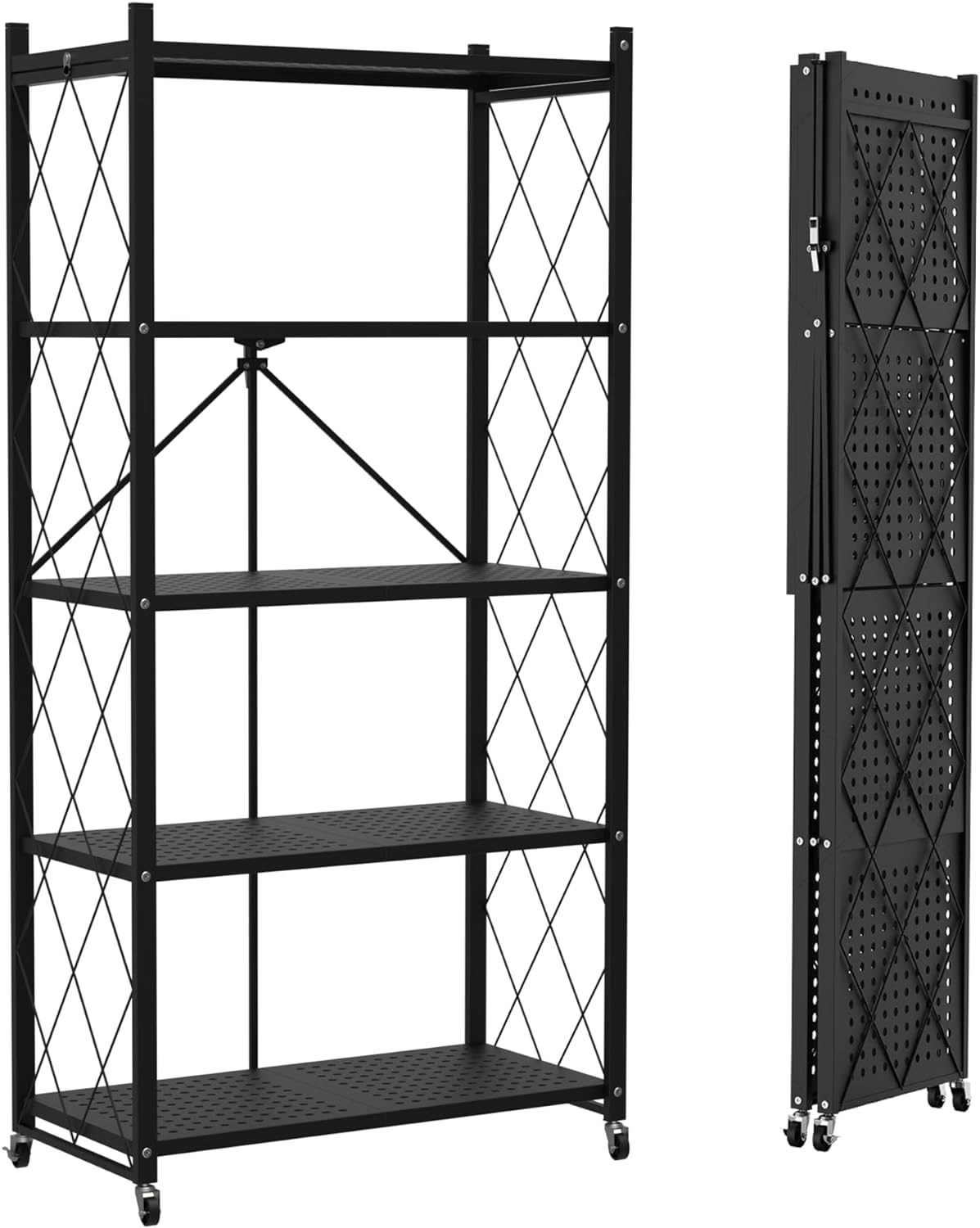 Lifetime Home 5-Tier Foldable Storage Shelf with Wheels - Metal Collapsible Shelving Unit Display, Rolling Cart for Books Kitchen Storage Shelves, Lifetime Home