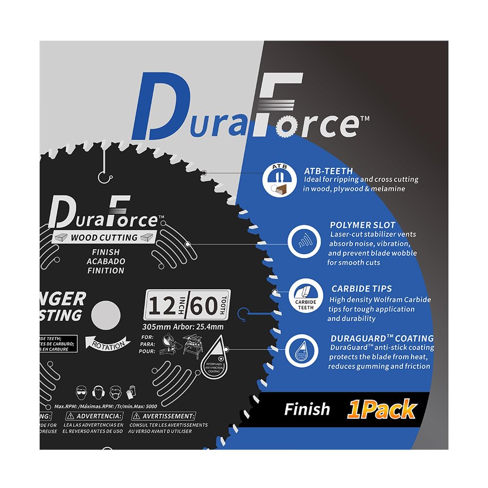 DuraForce 12-Inch 60-Tooth Professional Finish ATB Saw Blade with DuraGuard Anti-Stick for Miter and Table Saws (DF1200SP60) DURAFORCE
