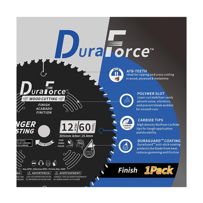 DuraForce 12-Inch 60-Tooth Professional Finish ATB Saw Blade with DuraGuard Anti-Stick for Miter and Table Saws (DF1200SP60) - WoodArtSupply