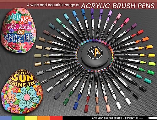 36 Flexible Brush Tip Acrylic Paint Pens Markers Set 1-7mm Line for Rock Painting, Brush Lettering, Scrapbooking, Glass, Mugs, Wood, Metal, Canvas, TOOLI-ART