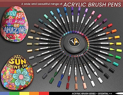 36 Flexible Brush Tip Acrylic Paint Pens Markers Set 1-7mm Line for Rock Painting, Brush Lettering, Scrapbooking, Glass, Mugs, Wood, Metal, Canvas,