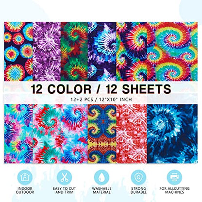 Tintnut Tie Dye Permanent Vinyl - 12 Sheets 12"x10", Seamless Colorful Adhesive Vinyl, Swirl Pattern Self Sticker Waterproof Vinyl Compatible with Cricut Or Silhouett