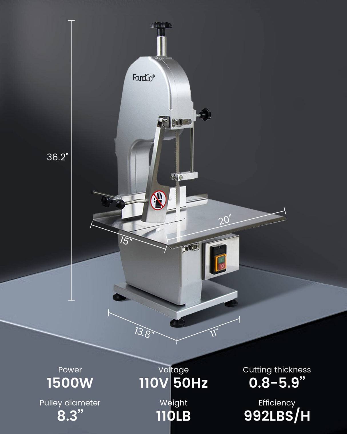 FoundGo 1500W Electric Meat and Bone Saw Bone Cutting Machine,Commercial Bone Sawing Machine for Frozen Meat/Trotter/Ribs/Fish/Meat/Bone etc.,with 6 FoundGo