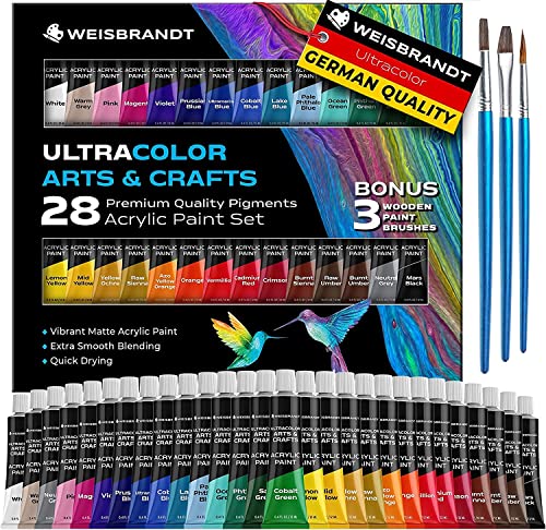 WEISBRANDT Ultra Color Arts & Crafts Acrylic Paint Set, 28 Colors, Premium Quality Pigments, Matte Finish, 0.4oz/12 ml, Water-Based, For All Porous