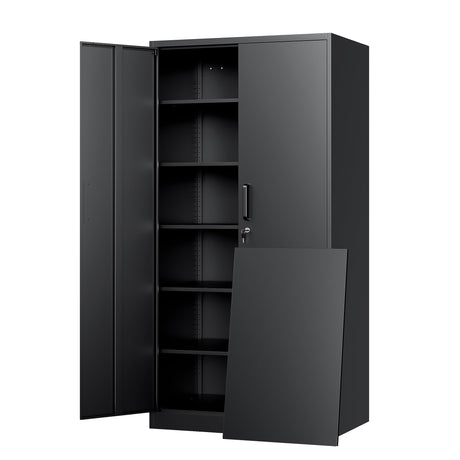 Yizosh Metal Storage Cabinet with Lock - 72" Garage Storage Cabinet with 2 Locking Doors and 5 Adjustable Shelves, Black Steel Lockable File Cabinet Yizosh