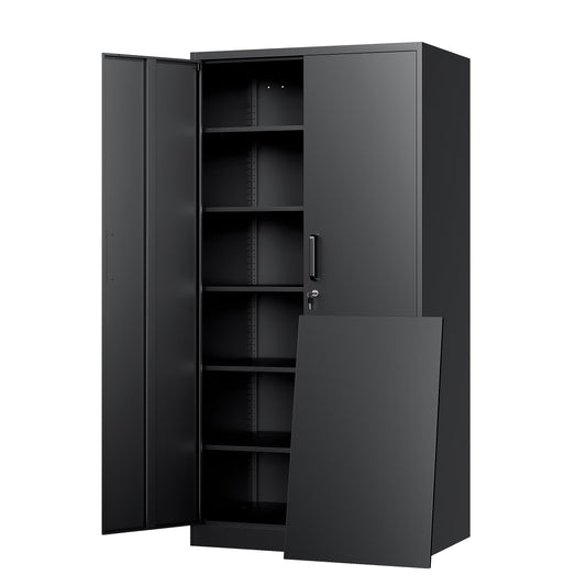 Yizosh Metal Storage Cabinet with Lock - 72" Garage Storage Cabinet with 2 Locking Doors and 5 Adjustable Shelves, Black Steel Lockable File Cabinet - WoodArtSupply