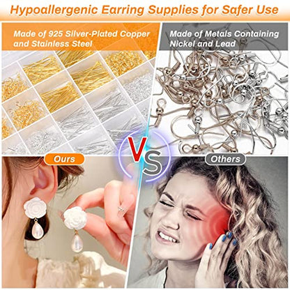 Hypoallergenic Earring Making Kit, Modacraft 2000Pcs Earring Making Supplies Kit with Earring Hooks, Earring Findings, Earring Posts, Earring Backs,
