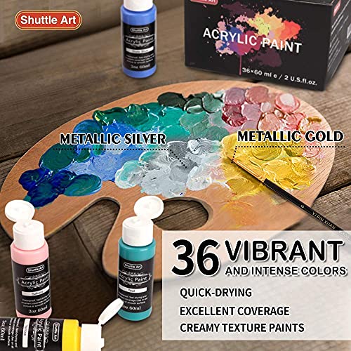 Shuttle Art Acrylic Paint Bundle, Set for 36 Colors Acrylic Paint in Bottles (60ml/2oz) + 20 Colors Metallic Acrylic Paint (60ml/2oz) - WoodArtSupply