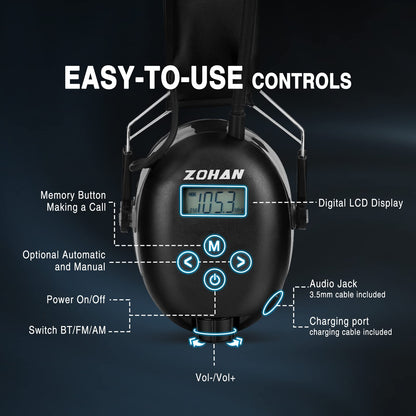 ZOHAN 033 Bluetooth AM/FM Radio Headphones with 2000mAh Rechargeable Battery,25dB NRR Noise Reduction Safety Earmuffs - WoodArtSupply