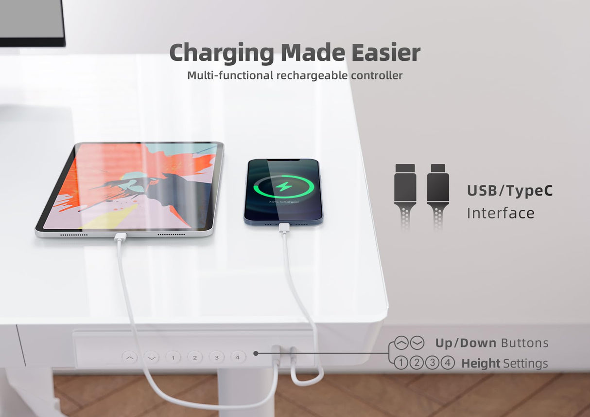 YDN Glass Standing Desk with Drawers, 48 x 24 Inch Electric Stand Up Desk with USB Ports, Adjustable Height Desk for Home Office, White YDN