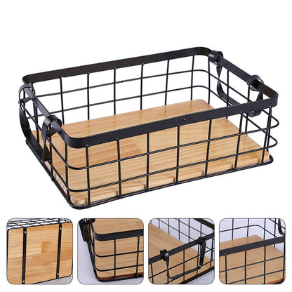 Small Metal Wire Storage Basket, Wood Base Storage Organizer Bin Basket for Kitchen Cabinets, Bathroom, Pantry, Garage, Laundry Room