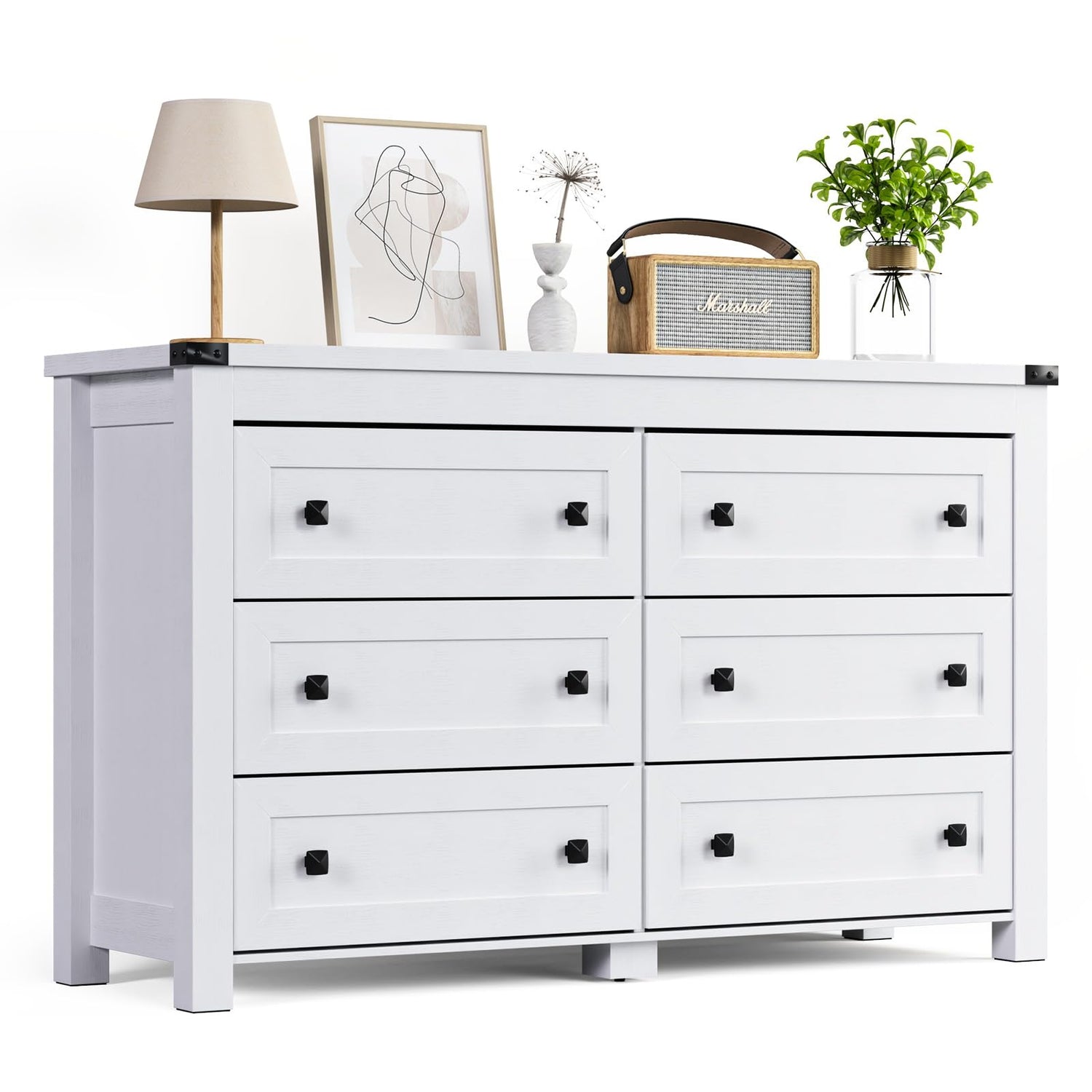 HUANLEGO White Dresser for Bedroom with 6 Drawers, Modern Chest of Drawers, Wood Rustic Wide Storage Drawers Dressers Organizer for Closet, Living HUANLEGO
