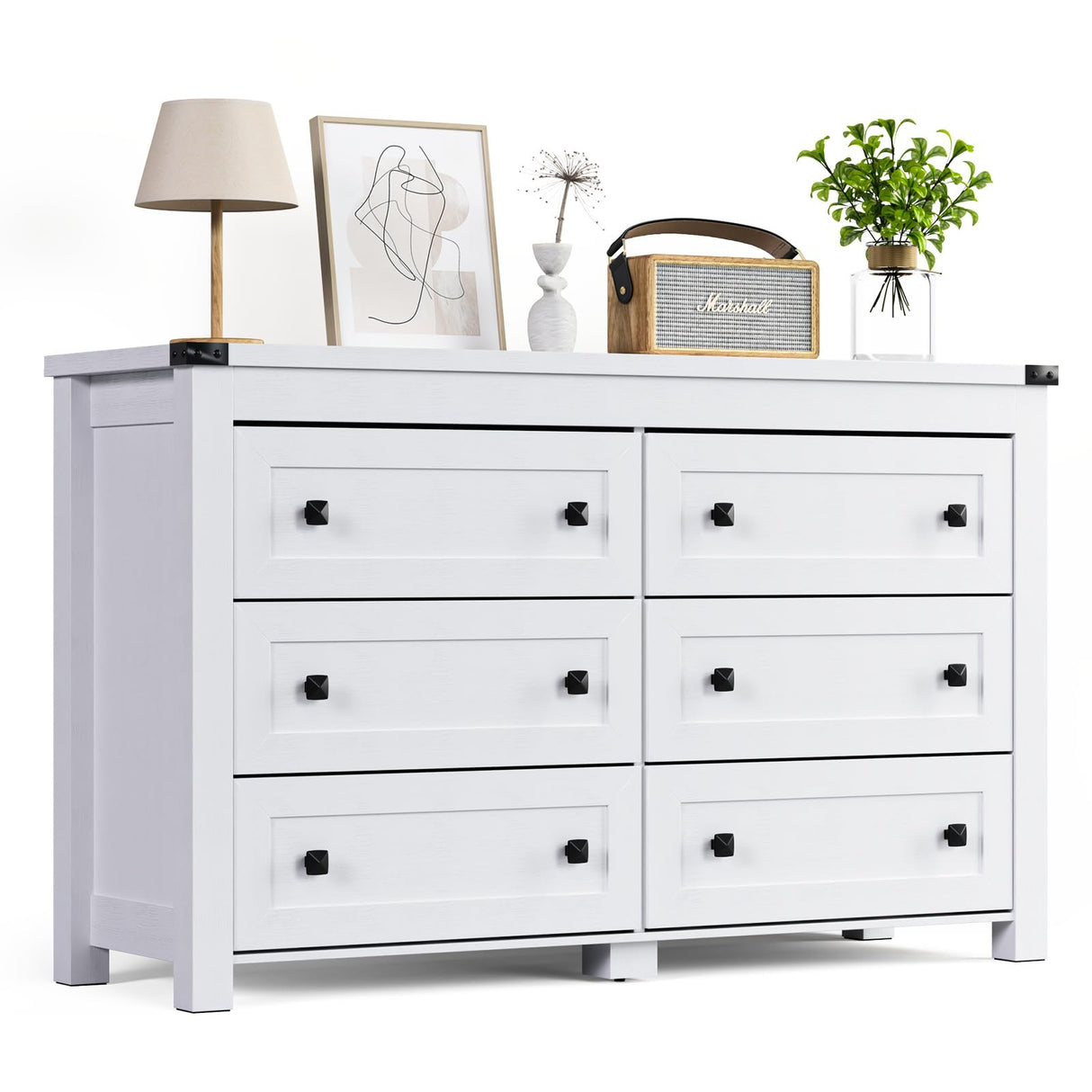 HUANLEGO White Dresser for Bedroom with 6 Drawers, Modern Chest of Drawers, Wood Rustic Wide Storage Drawers Dressers Organizer for Closet, Living HUANLEGO