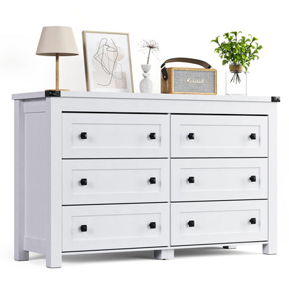 HUANLEGO White Dresser for Bedroom with 6 Drawers, Modern Chest of Drawers, Wood Rustic Wide Storage Drawers Dressers Organizer for Closet, Living