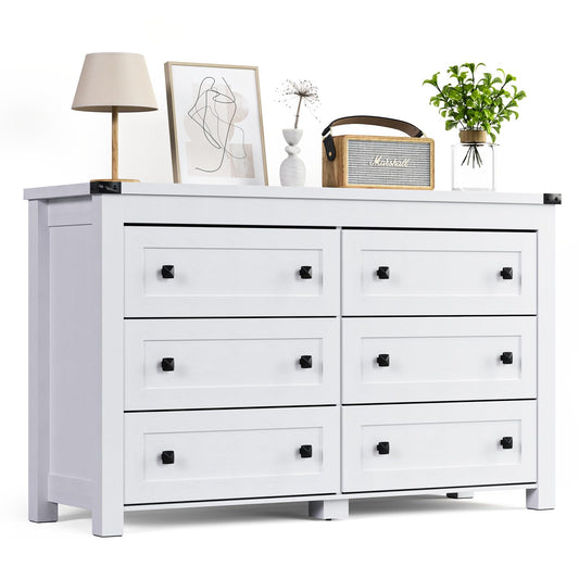 HUANLEGO White Dresser for Bedroom with 6 Drawers, Modern Chest of Drawers, Wood Rustic Wide Storage Drawers Dressers Organizer for Closet, Living - WoodArtSupply