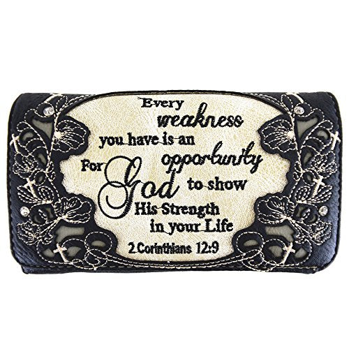 Embroidered Bible Verse 2 Corinthians 12:9 Purse Scripture Western Handbag Women Shoulder Bags Wallet Set (Black/Grey) - WoodArtSupply