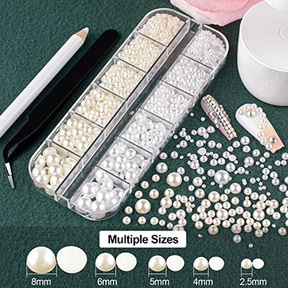 Flat Back Rhinestones&Pearls Kits Round Glass Crystal AB&Transparent White Gems+White&Beige Pearls With Quick Dry Makeup Glue+Picker Pencil+Tweezer - WoodArtSupply