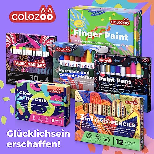 colozoo Glow In The Dark Acrylic Paint Set 8 x 20 ml Artist Quality Colours  + 3 Brushes Permanent on All Surfaces UV / Neon Light Sensitive Sealed for