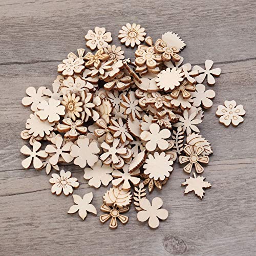 MILISTEN Wooden Flowers 100Pcs Mini Wooden Slice Wood Discs Slices Flower Leaf Grass Slices Unfinished Wooden Cutouts Craft DIY Decoration