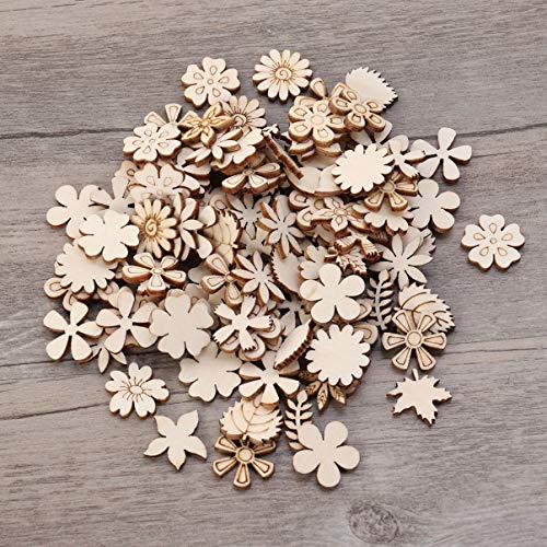 Flower Leaf Pattern Slice 100pcs Unfinished Wood Cutouts Flower Wood Shapes Pieces Wood Discs Slices for DIY Craft Table Scatter Confetti 20mm Wooden Healifty