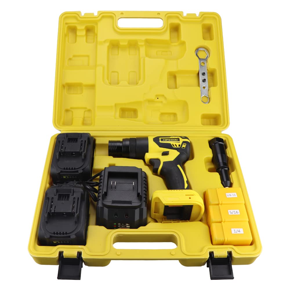 HIFESON Cordless Rivet Gun Tool, 26V Electric Automatic Rivet & Rivet nut Two Functions Professional Kit with 2pcs Battery & Charger (3/16", 5/32", HIFESON