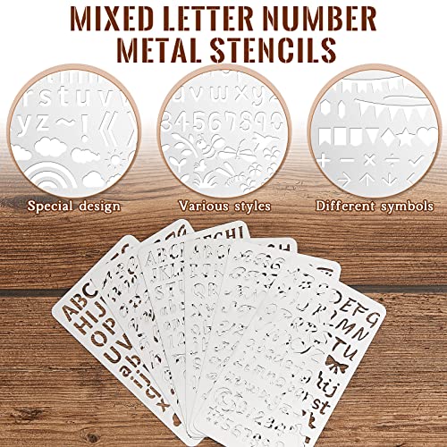 6 Pcs Mixed Letter Number Metal Stencils Plant Wood Stencils Templates Alphabet Symbol Stainless Steel Stencils for Wood Carving Drawing Engraving Lewtemi