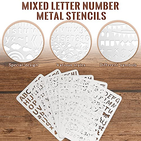 6 Pcs Mixed Letter Number Metal Stencils Plant Wood Stencils Templates Alphabet Symbol Stainless Steel Stencils for Wood Carving Drawing Engraving Lewtemi