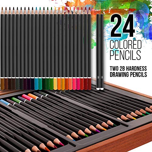U.S. Art Supply 143-Piece Mega Wood Box Art Painting, Sketching and Drawing Set in Storage Case - 24 Watercolor Paint Colors, 24 Oil Pastels, 24