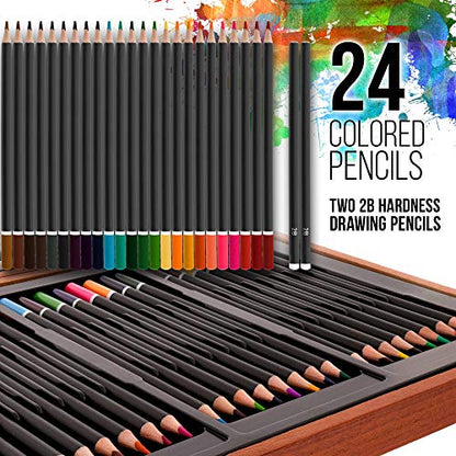 U.S. Art Supply 145-Piece Mega Wood Box Painting and Drawing Set in Storage Case - 2 Sketch Pads, 24 Watercolor Paint Colors, Oil Pastels, Colored