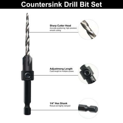 GMTOOLS Countersink Drill Bit Set, 3Pcs Tapered Drill Bits M2 HSS, with 1/4" Hex Shank Quick Change and Allen Wrench, Counter Sinker Set for
