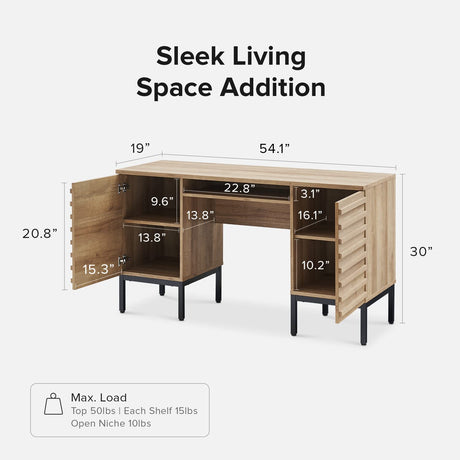 mopio Norwin Executive Desk, Modern Industrial Farmhouse Desks for Home Office, with Sturdy Metal Legs, Fluted Panel Dual Cabinet Soft Close Door, mopio