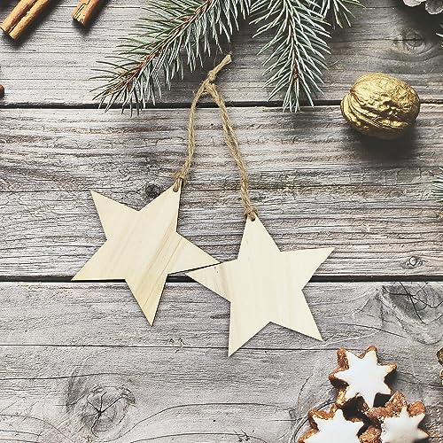 32 Pack Wood Star Cutouts Unfinished Wooden Star for Crafts Star Hanging Ornaments DIY Star Craft Gift Tags for Home Party Decoration Craft Project