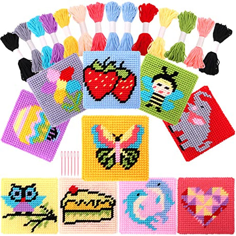Pllieay Kids 10-in-1 Cross Stitch Beginner Kit for Kids, Includes Instruction of 10 Different Patterns, 10 Blank Plastic Canvas for Needlework, and Pllieay