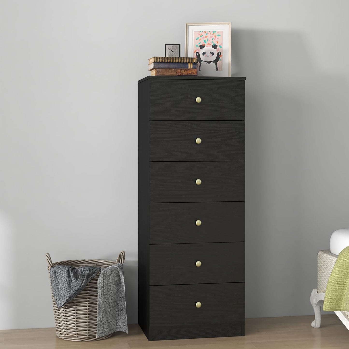 Modern 6 Drawer Vertical Dresser, Wood Tall Chest of Drawers N Arrow Storage Organizer with Wide Drawers & Metal Gold Handles for Bedroom, Living