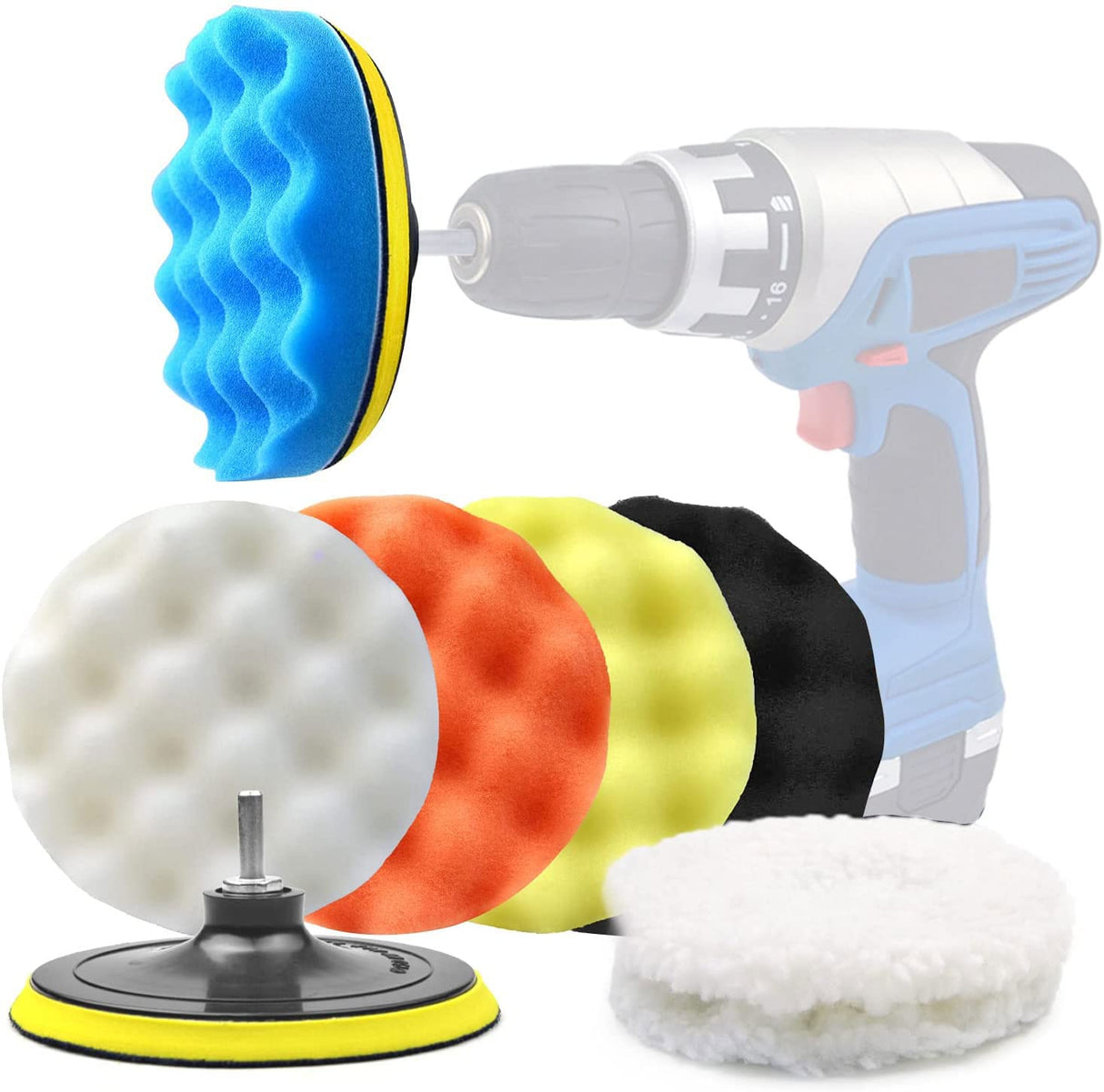 6 Inch Car Polishing & Buffing Sponge Pads Kit Wool Bonnet Pads for Household Electric Drill and Auto Polisher with 8mm M14 Drill Adapter for Washing POLIWELL