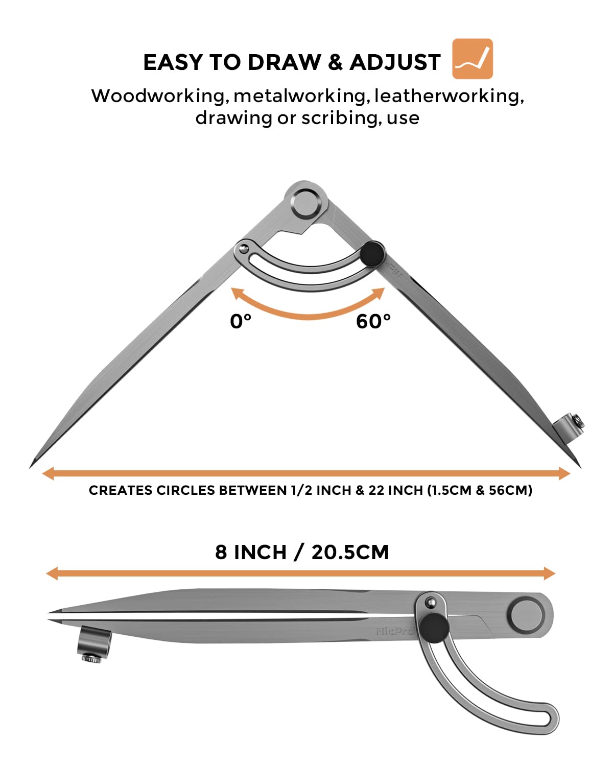 Nicpro 8 Inch Compass for Woodworking with Wing and Pencil Holder, Professional Carpenter Pencil Compass Great for Geometry, Drawing, Drafting - WoodArtSupply