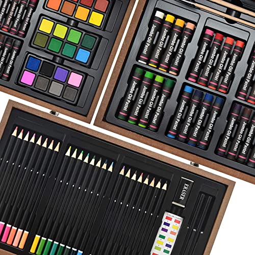 Sunnyglade 145 Piece Deluxe Art Set, Wooden Art Box & Drawing Kit with Crayons, Oil Pastels, Colored Pencils, Watercolor Cakes, Sketch Pencils, Paint Sunnyglade