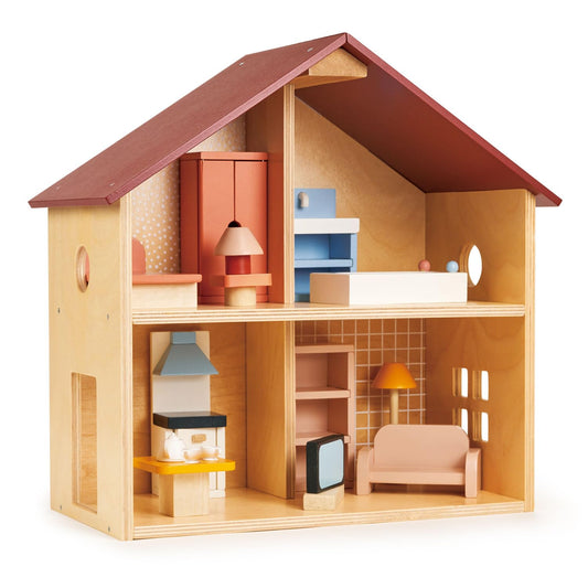 Mentari Fully Furnished Wooden Dollhouse - Compact Dollhouse for Toddlers with Open Design - Great Gift for Toddlers who are Creative and Enjoy