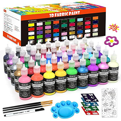 Shuttle Art Fabric Paint Set, 45 Colors 3D Permanent Paint with Brushes Palette Fabric Pen Fabric Sheet Stencils, Glow in The Dark, Glitter,Metallic - WoodArtSupply